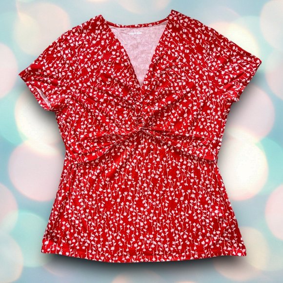 Lands’ End Women’s Red Orange Boho V-Neck Floral Blouse Shirt Top Size L - Picture 2 of 5